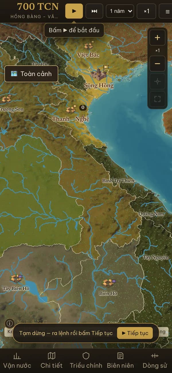 The 3D map on a phone in 700 BCE: citadels, villages, the Overview button, the zoom buttons and the navigation bar along the bottom edge.