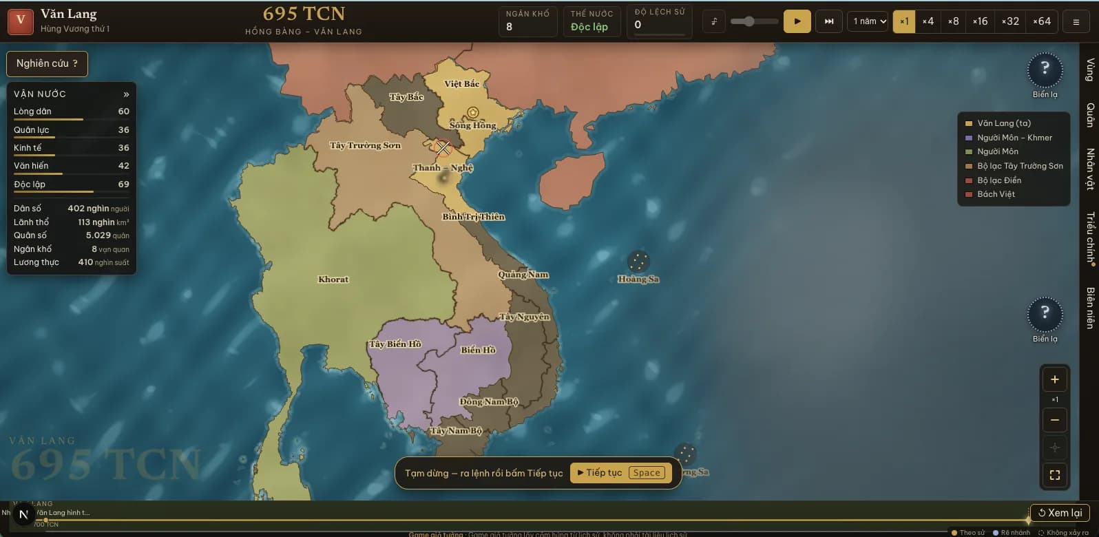 The campaign screen in 695 BCE on the map: regions from Việt Bắc to the south colored by faction, Văn Lang in the north, the Realm panel on the left, the time controls on top.